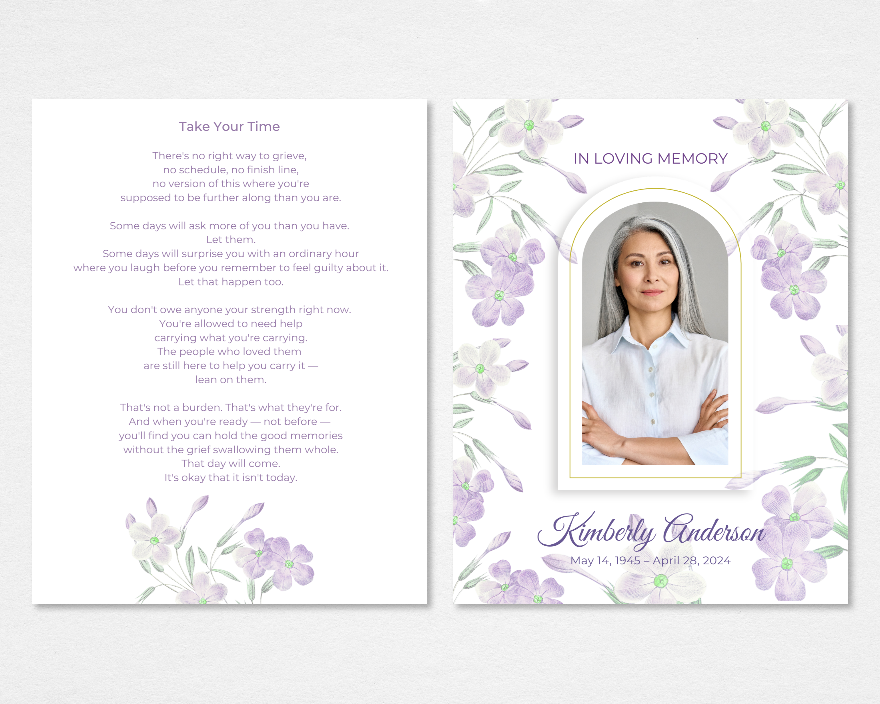 Lilac Whisper funeral program template front and back — white background with soft watercolor lilac blooms and sage green leaves, gold arched photo frame, 'IN LOVING MEMORY' serif header, slate script name and dates. Tabloid size