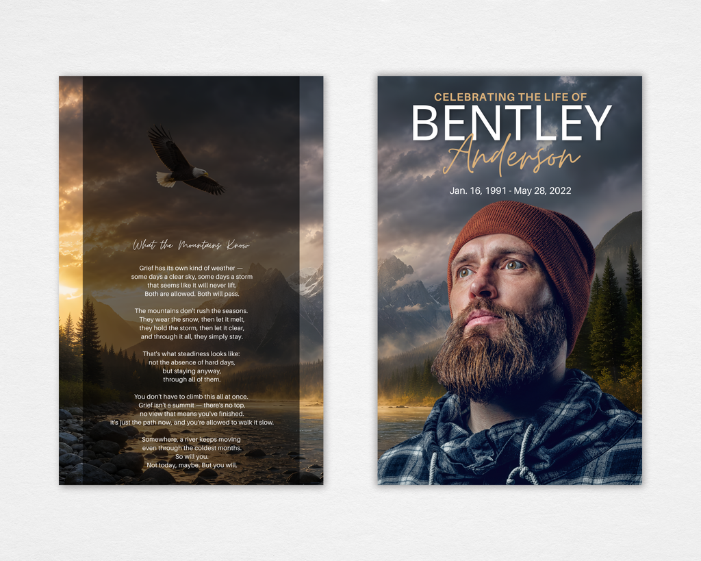 Summit & Sky funeral program template front cover — dramatic mountain landscape with stormy sky, golden sunrise, pine trees, bald eagle in flight, blended portrait photo, bold white name, gold script surname — Standard size