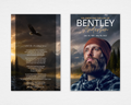 Summit & Sky funeral program template front cover — dramatic mountain landscape with stormy sky, golden sunrise, pine trees, bald eagle in flight, blended portrait photo, bold white name, gold script surname — Standard size