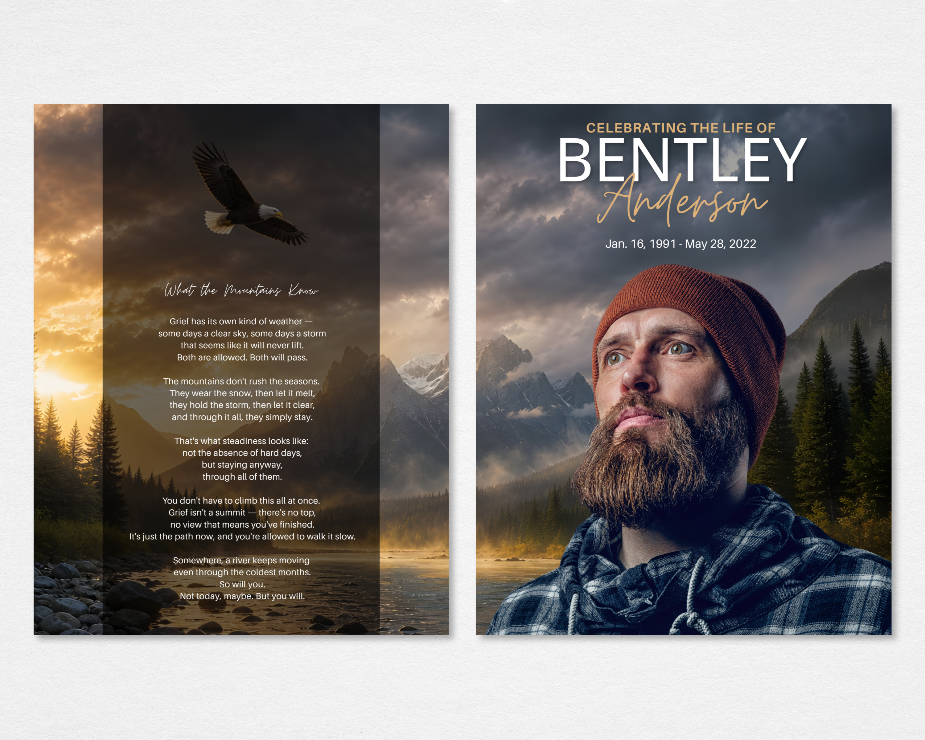 Summit & Sky funeral program template front and back covers — mountain nature design with blended portrait on front and original poem What the Mountains Know on back — Tabloid size