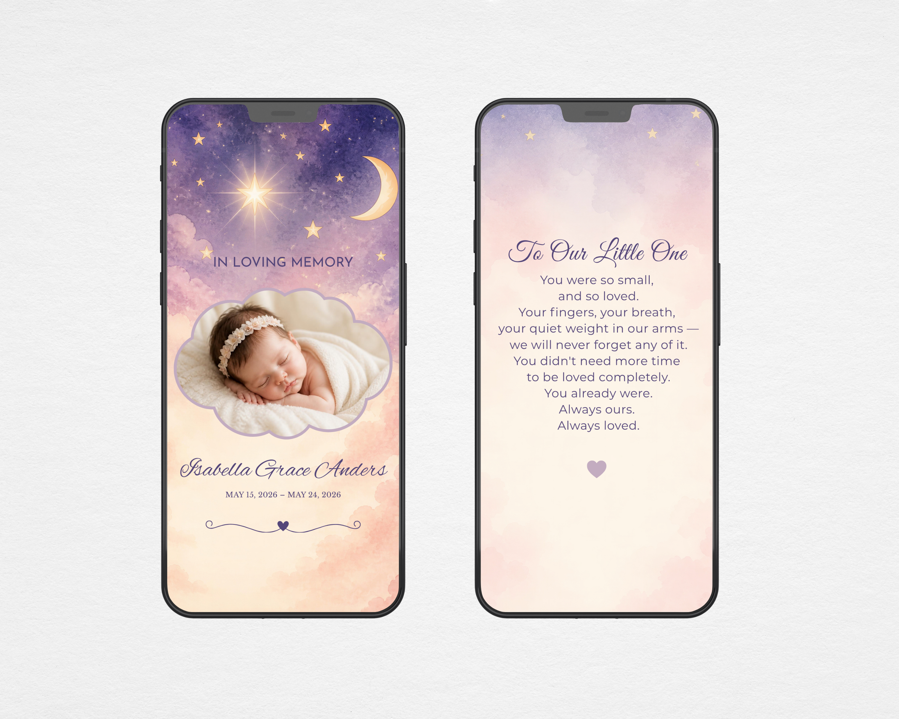 Little Light infant loss memorial funeral program template — Canva editable instant download — digital version phone mockup