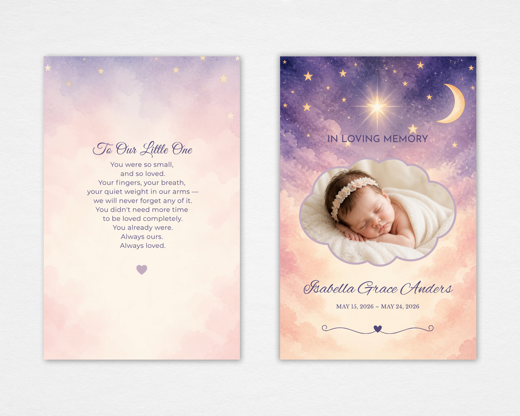 little Light infant loss memorial funeral program template — Canva editable instant download — standard size front and back