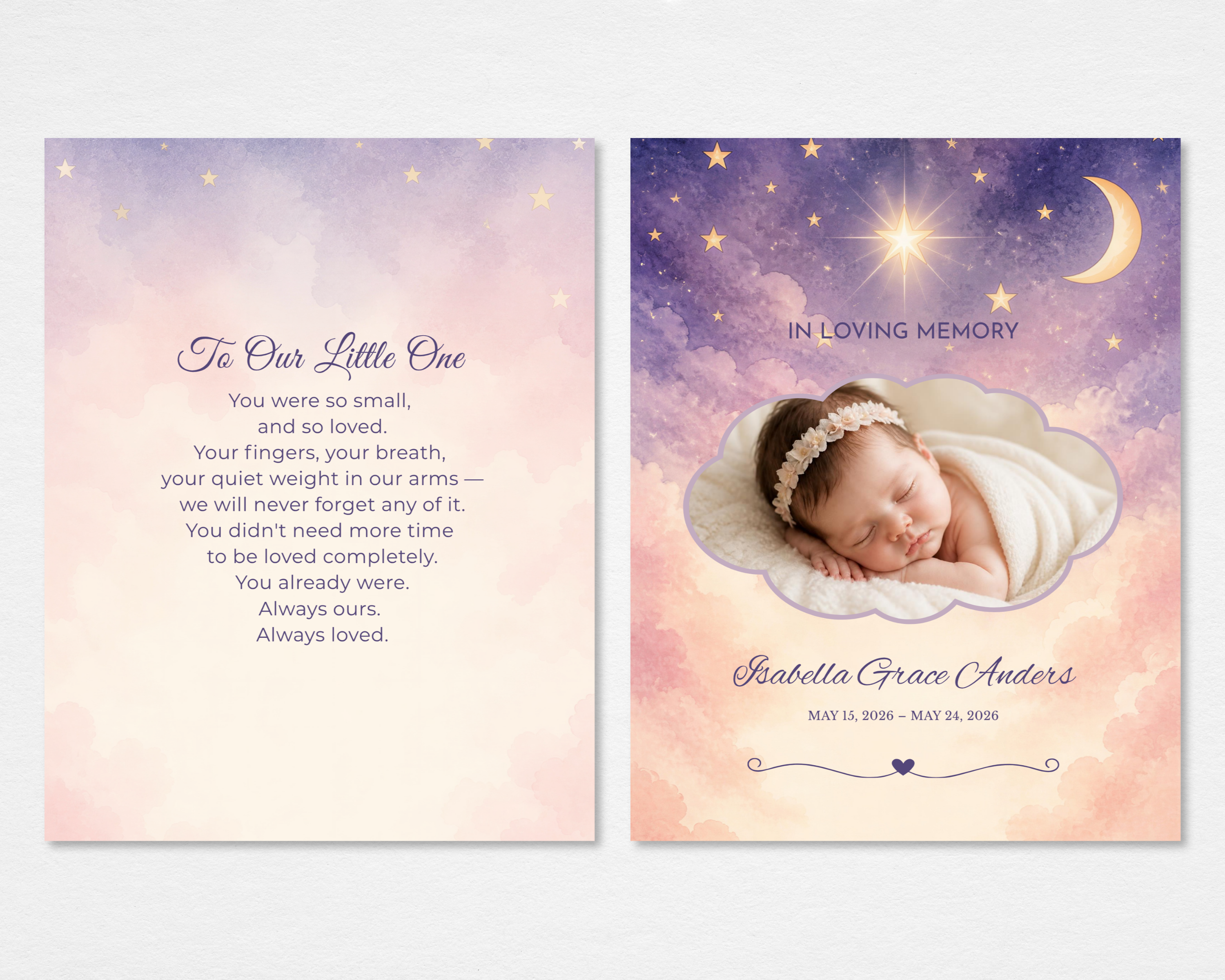 Little Light infant loss memorial funeral program template — Canva editable instant download — tabloid size front and back