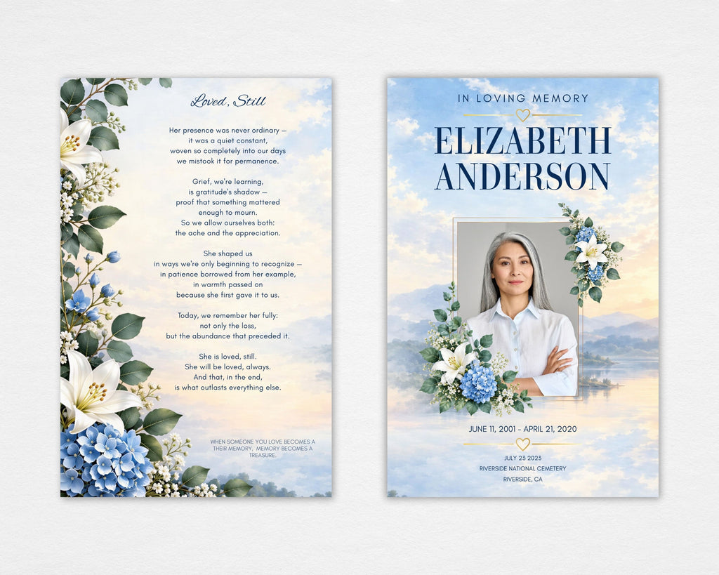 Sunset-sky funeral program with blue hydrangea and white lily florals framing a bold serif name and arched photo on the front cover, and the original "Loved, Still" tribute poem on the back cover, Standard size