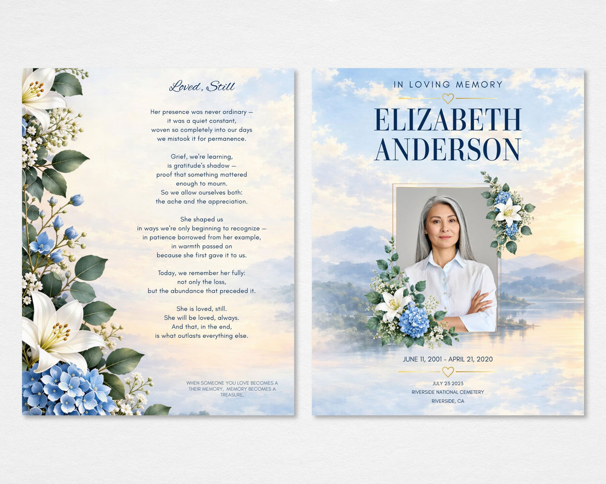  Sunset-sky funeral program with blue hydrangea and white lily florals framing a bold serif name and arched photo on the front cover, and the original "Loved, Still" tribute poem on the back cover, Tabloid size