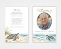 Standard funeral program front and back mockup showing an oval portrait above a sea turtle in blue-green surf, and “The Sea” poem beside a turtle on pale sand.