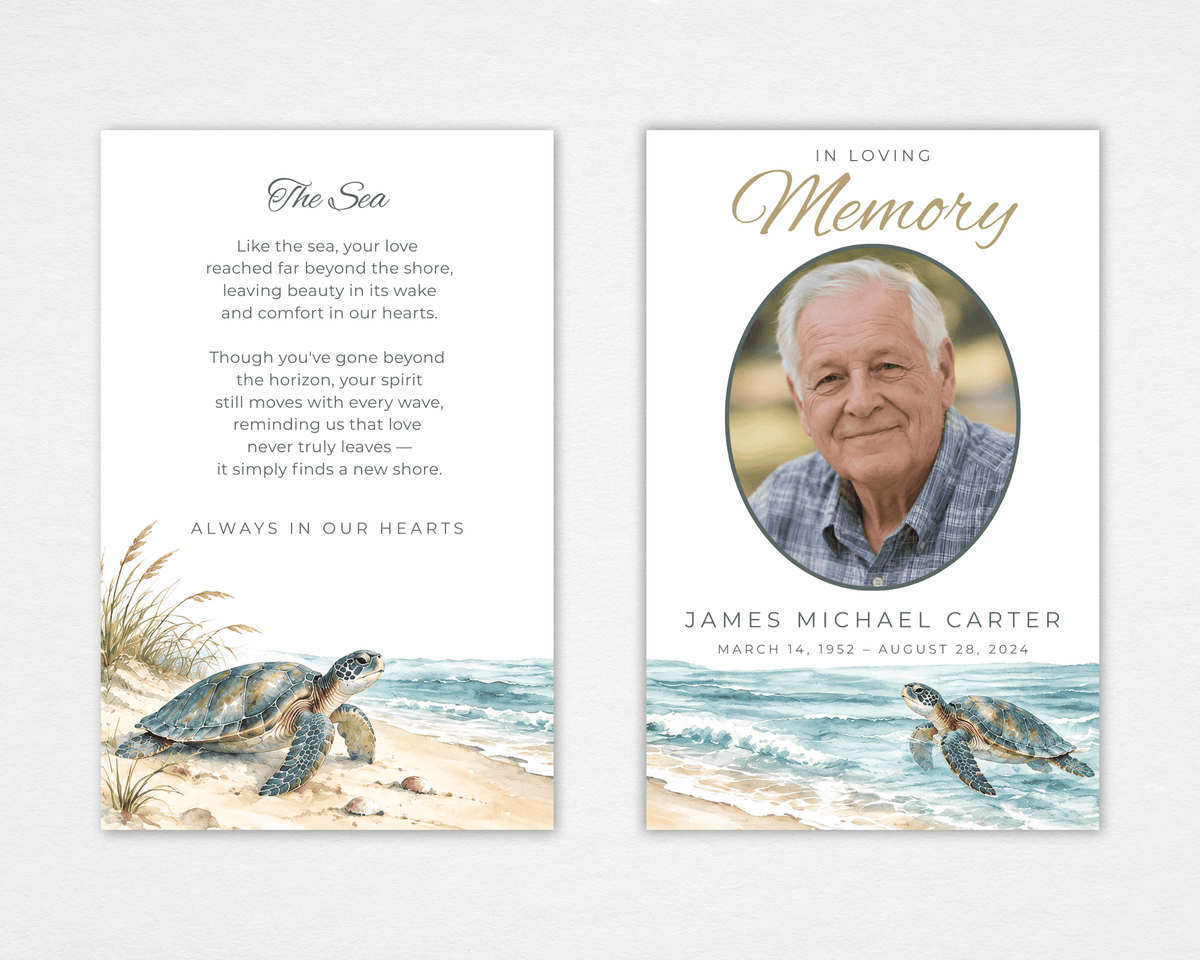 Standard funeral program front and back mockup showing an oval portrait above a sea turtle in blue-green surf, and “The Sea” poem beside a turtle on pale sand.
