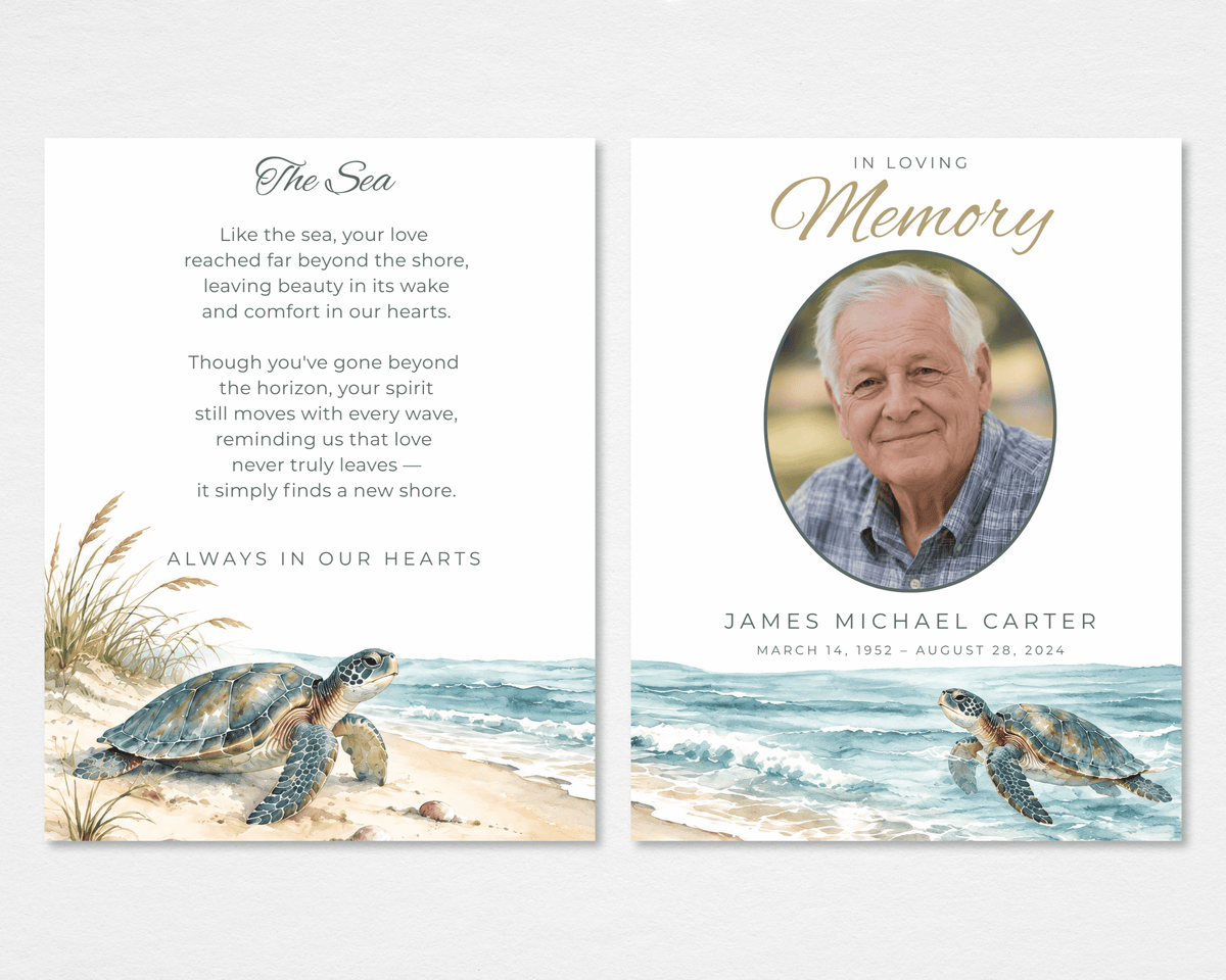 Tabloid funeral program front and back mockup showing an oval portrait with a sea turtle and blue-green waves on the cover, and “The Sea” poem above a turtle on the sandy shore.