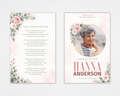 Standard funeral program front and back mockup with blush-pink roses, sage-green leaves, a gold-framed portrait, and the “Heaven Needed One More Rose” poem.
