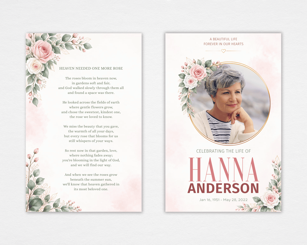 Standard funeral program front and back mockup with blush-pink roses, sage-green leaves, a gold-framed portrait, and the “Heaven Needed One More Rose” poem.