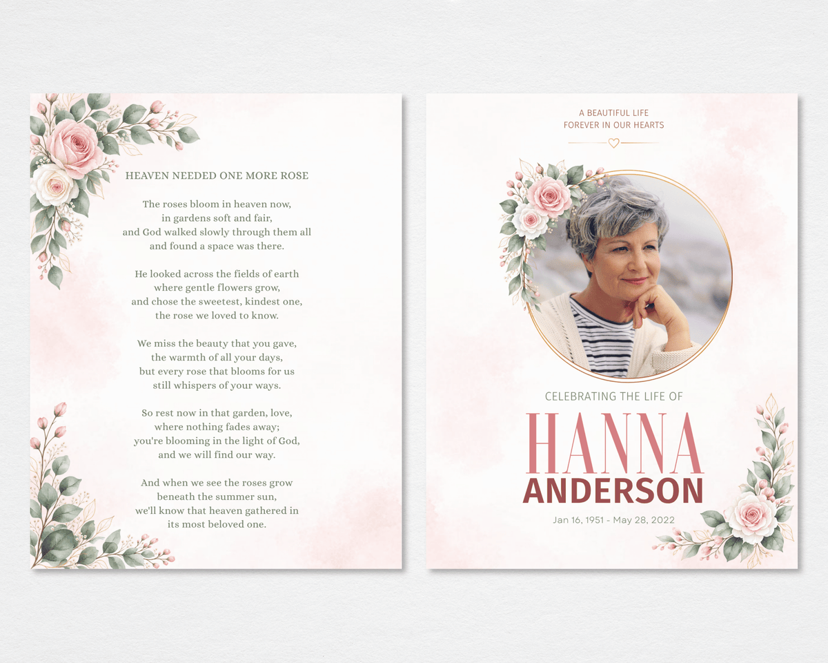 Tabloid funeral program front and back mockup showing pink and ivory roses, sage foliage, a rose-pink name below the portrait, and the “Heaven Needed One More Rose” poem.