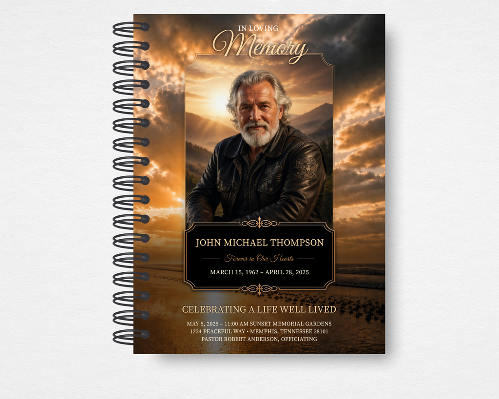 Ride Home Memorial Guest Book front cover — dramatic golden sunset sky with mountain landscape, man in leather jacket with cross emblem, elegant black nameplate with "In Loving Memory" script header, editable name and date fields