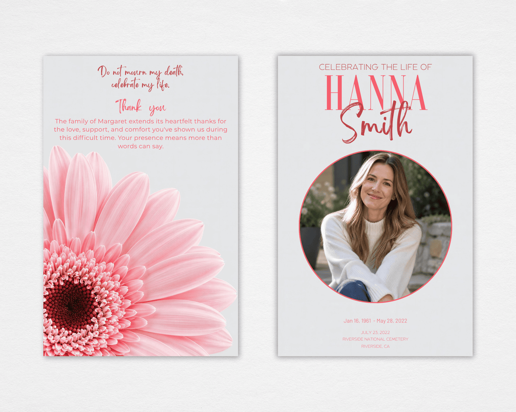 Standard funeral program front and back mockup with a circular portrait, pink name lettering, and a large pink gerbera beneath a thank-you message.