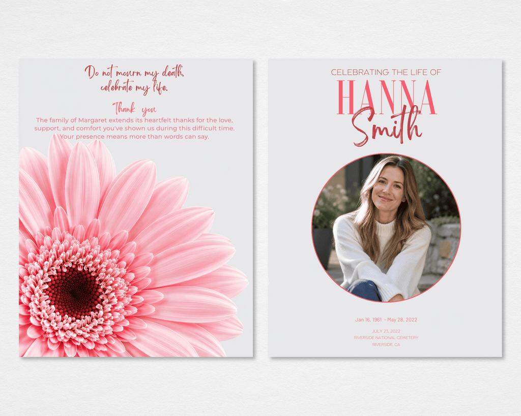 Tabloid funeral program front and back mockup with a circular portrait on the cover and a large pink gerbera below a thank-you message on the back.⠋
