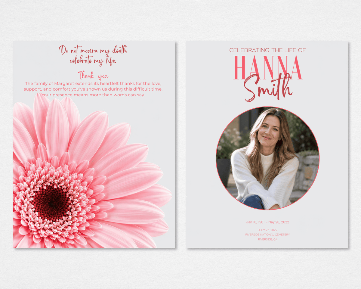 Tabloid funeral program front and back mockup with a circular portrait on the cover and a large pink gerbera below a thank-you message on the back.⠋