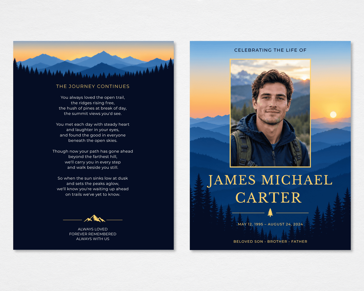 Tabloid funeral program front and back mockup showing a mountain-sunset cover with a gold-framed portrait and a deep navy back cover featuring “The Journey Continues” poem.