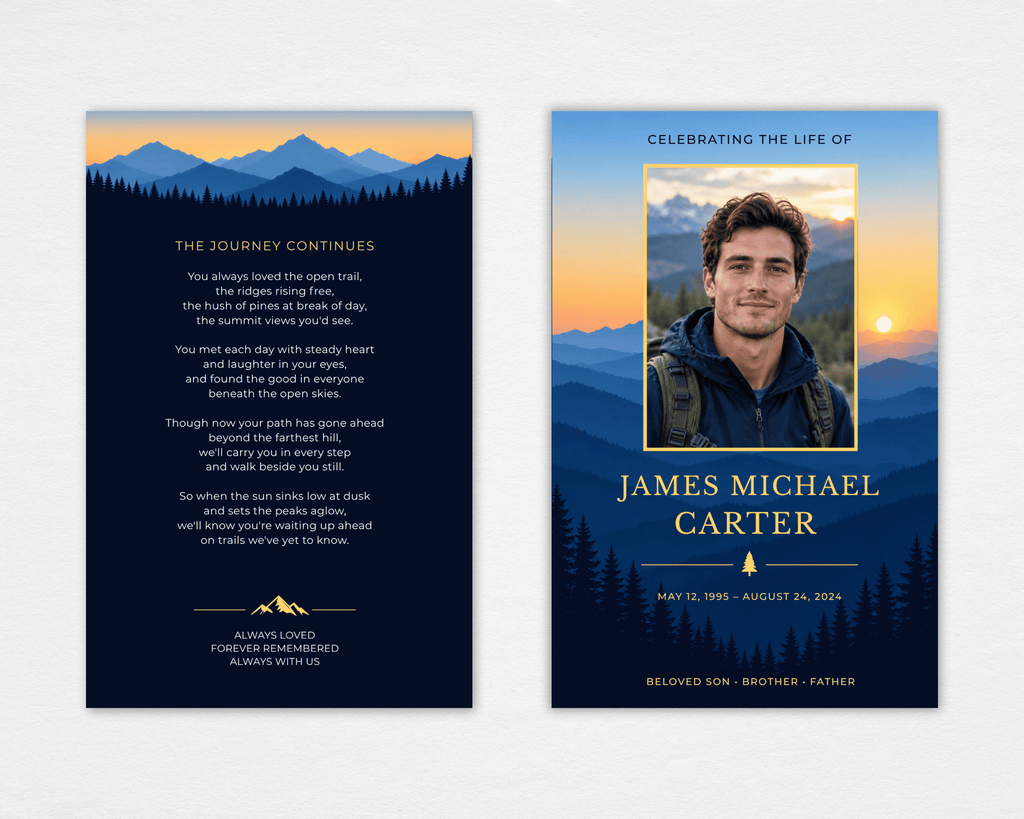 Standard funeral program front and back mockup with a gold-framed portrait against blue sunset mountains and pine trees, and “The Journey Continues” poem on a deep navy back cover.