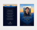 Standard funeral program front and back mockup with a gold-framed portrait against blue sunset mountains and pine trees, and “The Journey Continues” poem on a deep navy back cover.