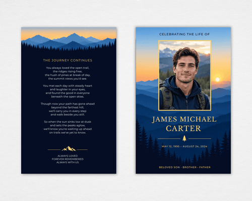Standard funeral program front and back mockup with a gold-framed portrait against blue sunset mountains and pine trees, and “The Journey Continues” poem on a deep navy back cover.