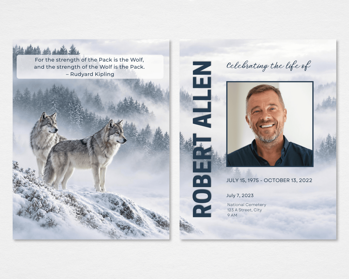 Tabloid funeral program front and back mockup with a framed portrait and vertical name against a pale snowy forest; the back shows two wolves among frosted pines beneath a Rudyard Kipling quotation.
