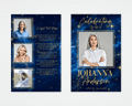 standard funeral program front and back mockup with a portrait framed by gold stars against a deep blue night sky; the back shows three framed photos beside “A Light That Stays.