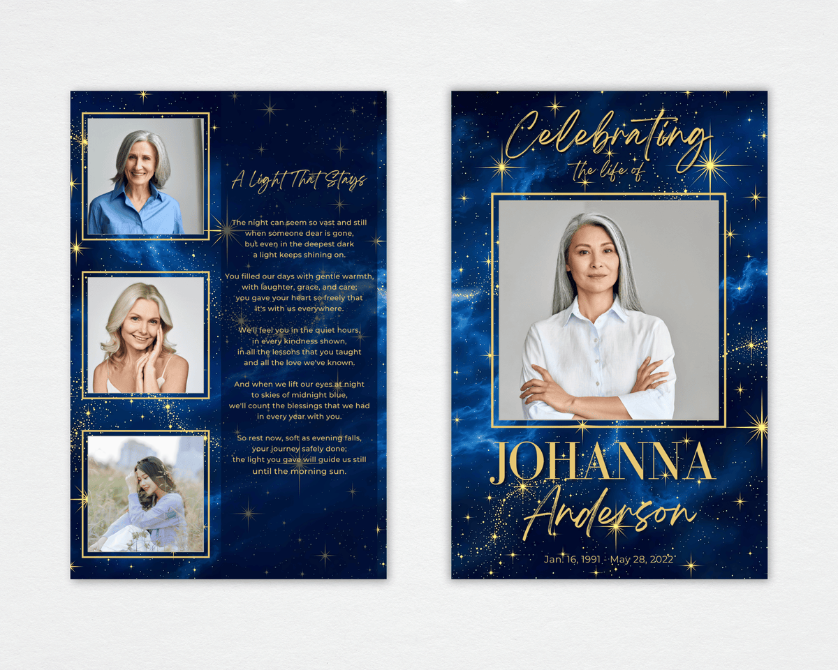standard funeral program front and back mockup with a portrait framed by gold stars against a deep blue night sky; the back shows three framed photos beside “A Light That Stays.