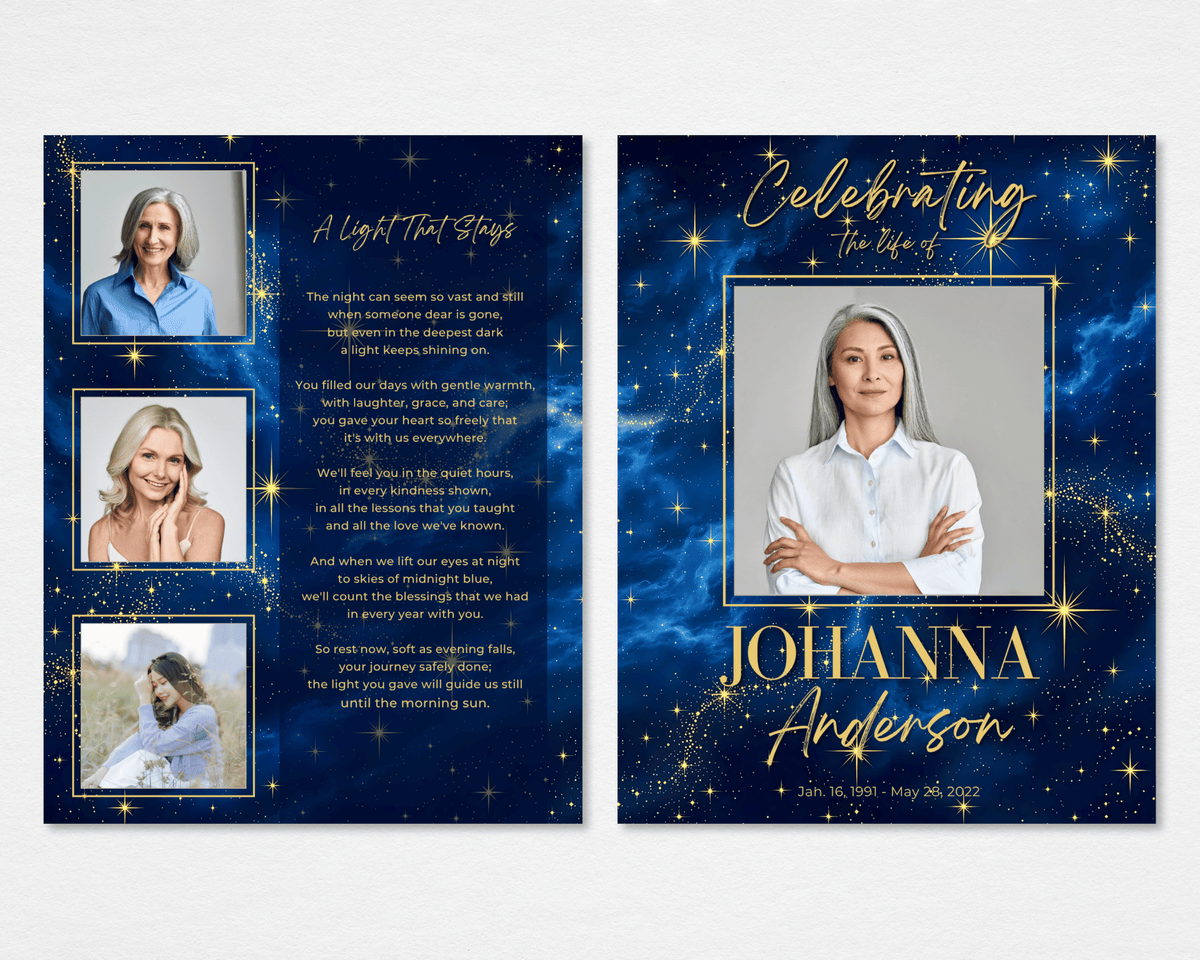 Tabloid funeral program front and back mockup with gold lettering and a portrait against a star-filled navy sky; the back features three framed photos alongside “A Light That Stays