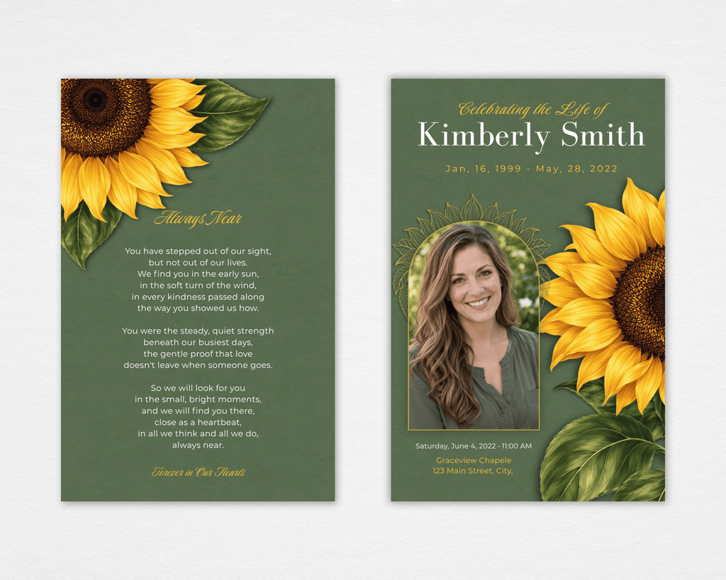 Sunflower on Sage funeral program template, front and back cover, with golden sunflowers on sage green and a portrait photo placeholder, Standard size