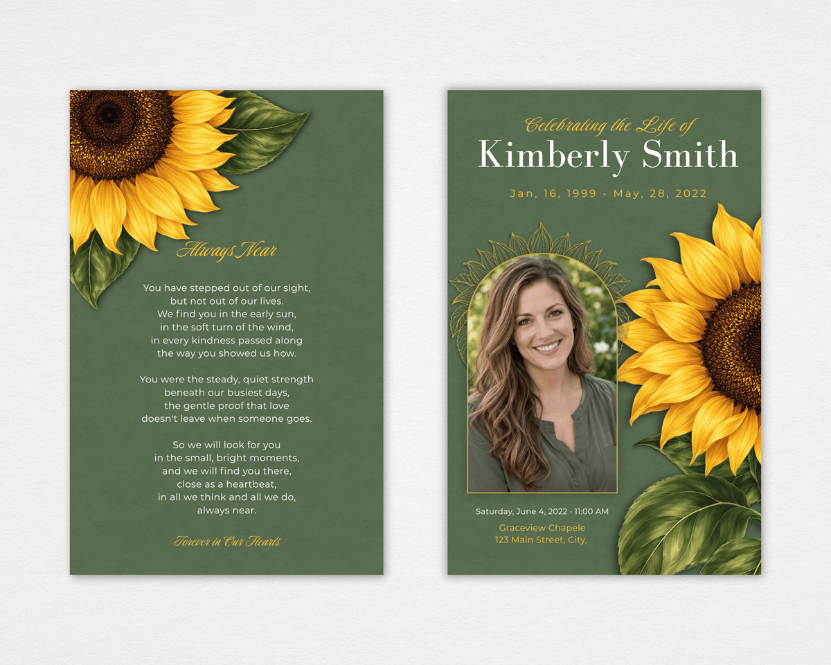 Sunflower on Sage funeral program template, front and back cover, with golden sunflowers on sage green and a portrait photo placeholder, Standard size