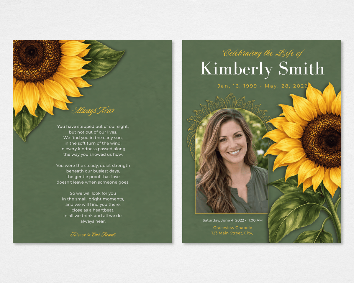 Sunflower on Sage funeral program template, front and back cover, with golden sunflowers and the Always Near poem on sage green, Tabloid size