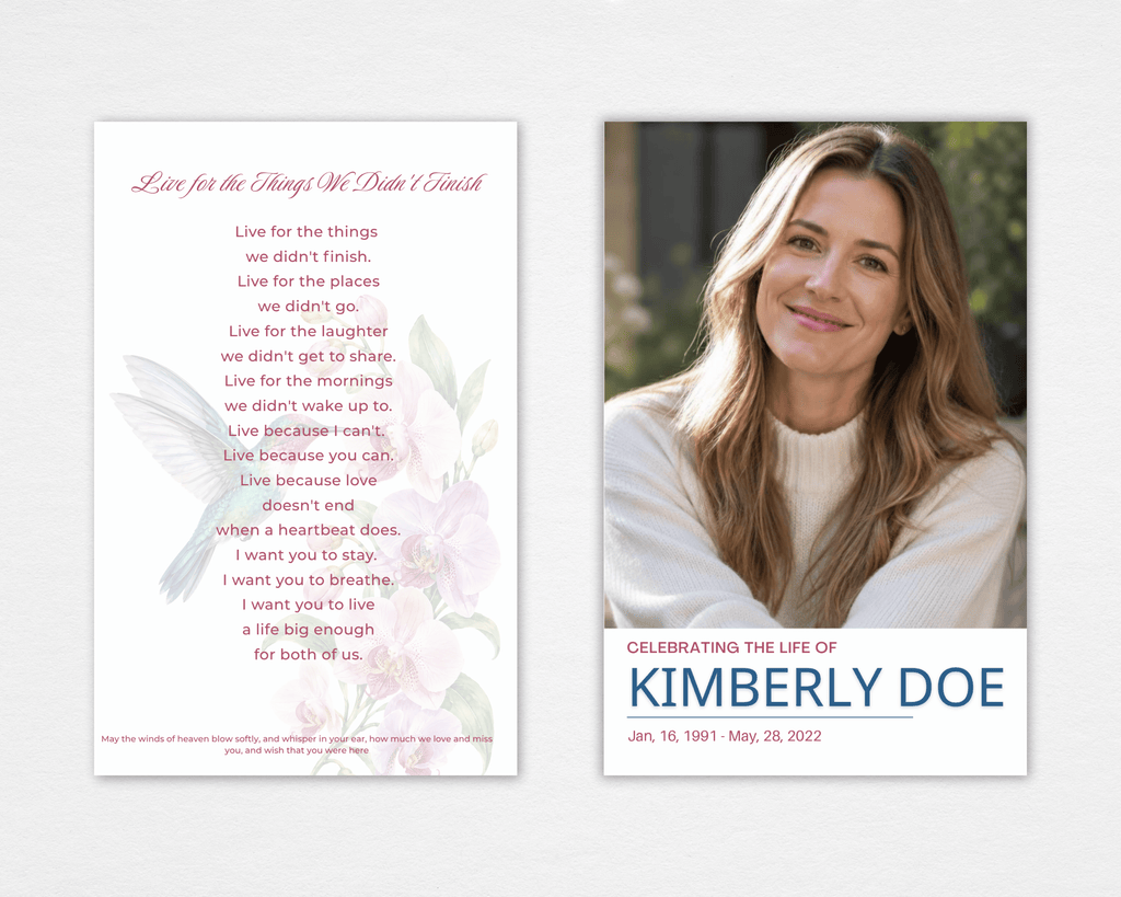Standard funeral program front and back mockup with a watercolor hummingbird beside blush-pink and mauve blossoms on the cover; the back features the poem "Live for the Things We Didn't Finish" beneath the hummingbird and floral motif.