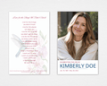 Standard funeral program front and back mockup with a watercolor hummingbird beside blush-pink and mauve blossoms on the cover; the back features the poem "Live for the Things We Didn't Finish" beneath the hummingbird and floral motif.