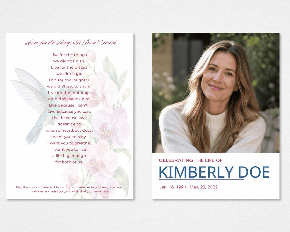Tabloid funeral program front and back mockup with a watercolor hummingbird beside blush-pink and mauve blossoms on the cover; the back shows the same hummingbird and florals above the poem "Live for the Things We Didn't Finish.