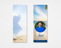 Peaceful Shore Memorial Bookmark template — front shows circular photo frame, navy script typography, and golden beach scene with palm fronds; back features soft watercolor coastal scene with sea grass and seashells. Canva editable instant download.