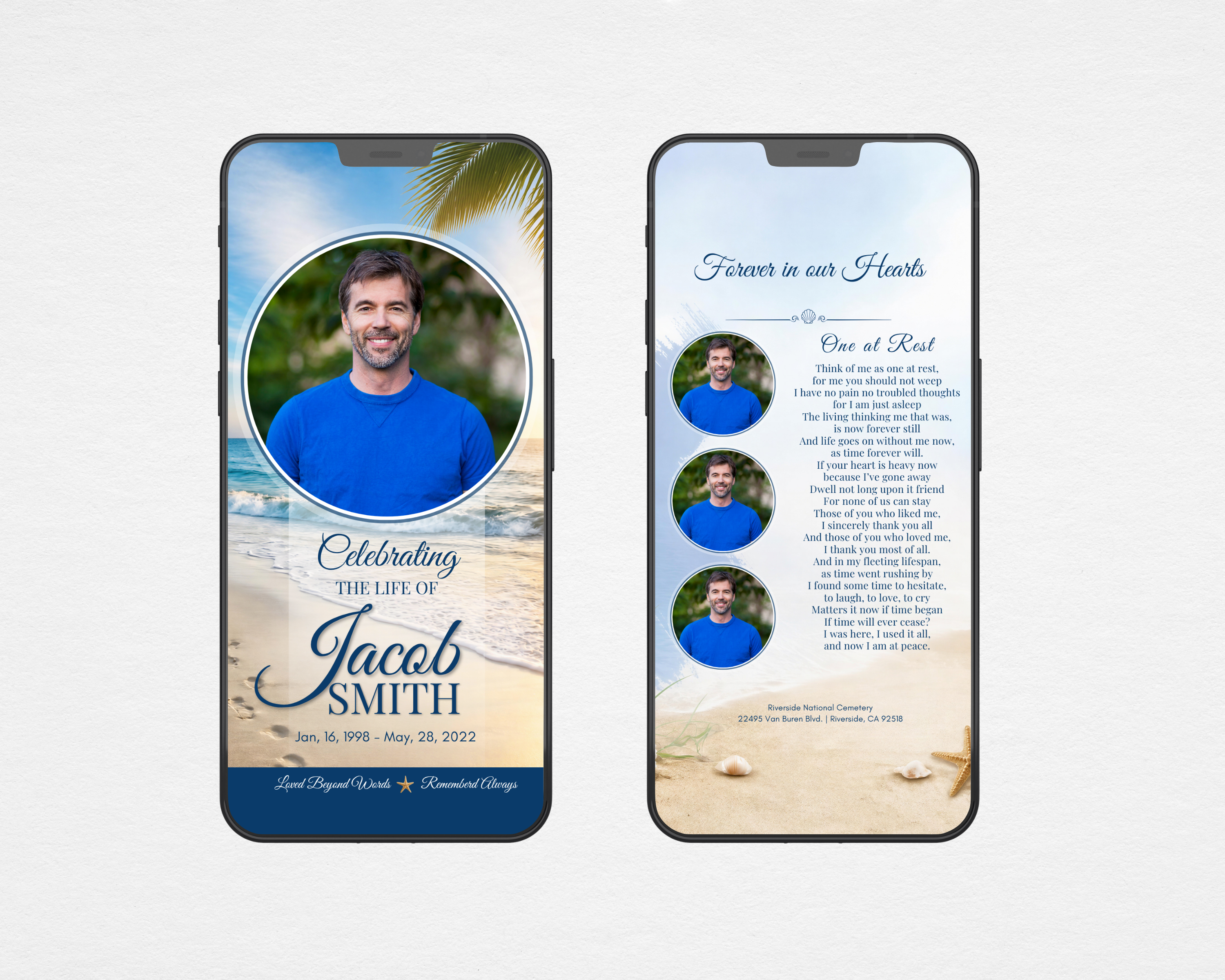 Peaceful Shore beach funeral program template digital version — shown on mobile phone screens with coastal sunset design