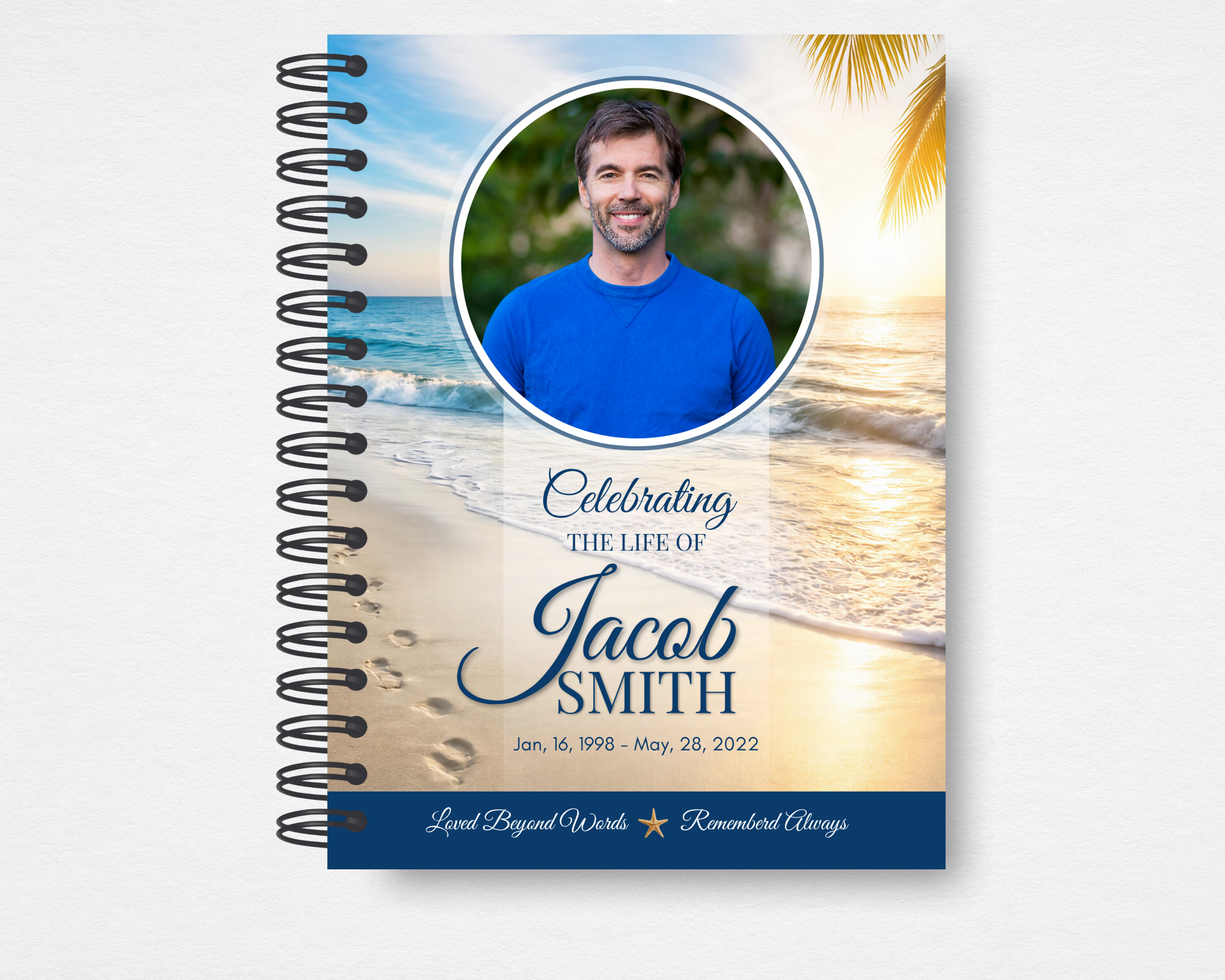 Peaceful Shore Memorial Guest Book template front cover — coastal beach scene with golden sunset, palm fronds, circular photo frame, navy script typography, and starfish accent. Canva editable instant download.