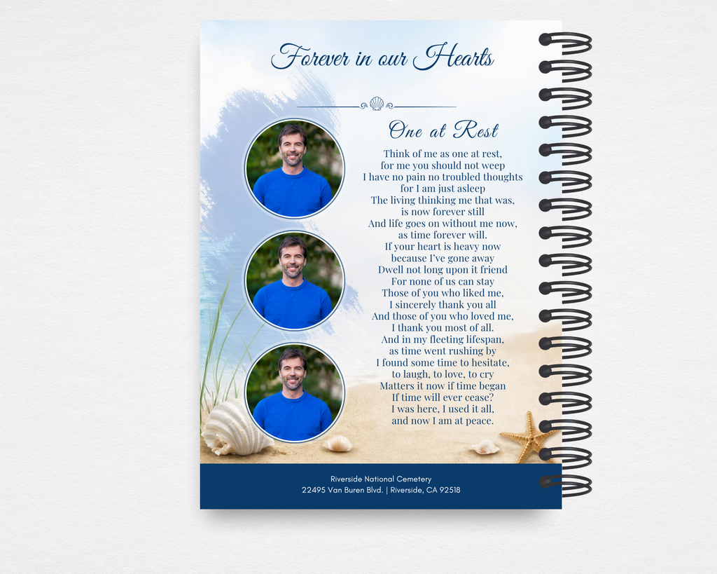 Peaceful Shore Memorial Guest Book template back cover — soft watercolor beach background with three circular photo frames, One at Rest poem, seashells and starfish accents, navy footer bar. Canva editable instant download.