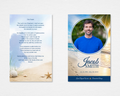 Peaceful Shore Memorial Prayer Card template — front shows circular photo frame, navy script typography, and coastal beach scene; back displays 23rd Psalm on soft watercolor background. Canva editable instant download.