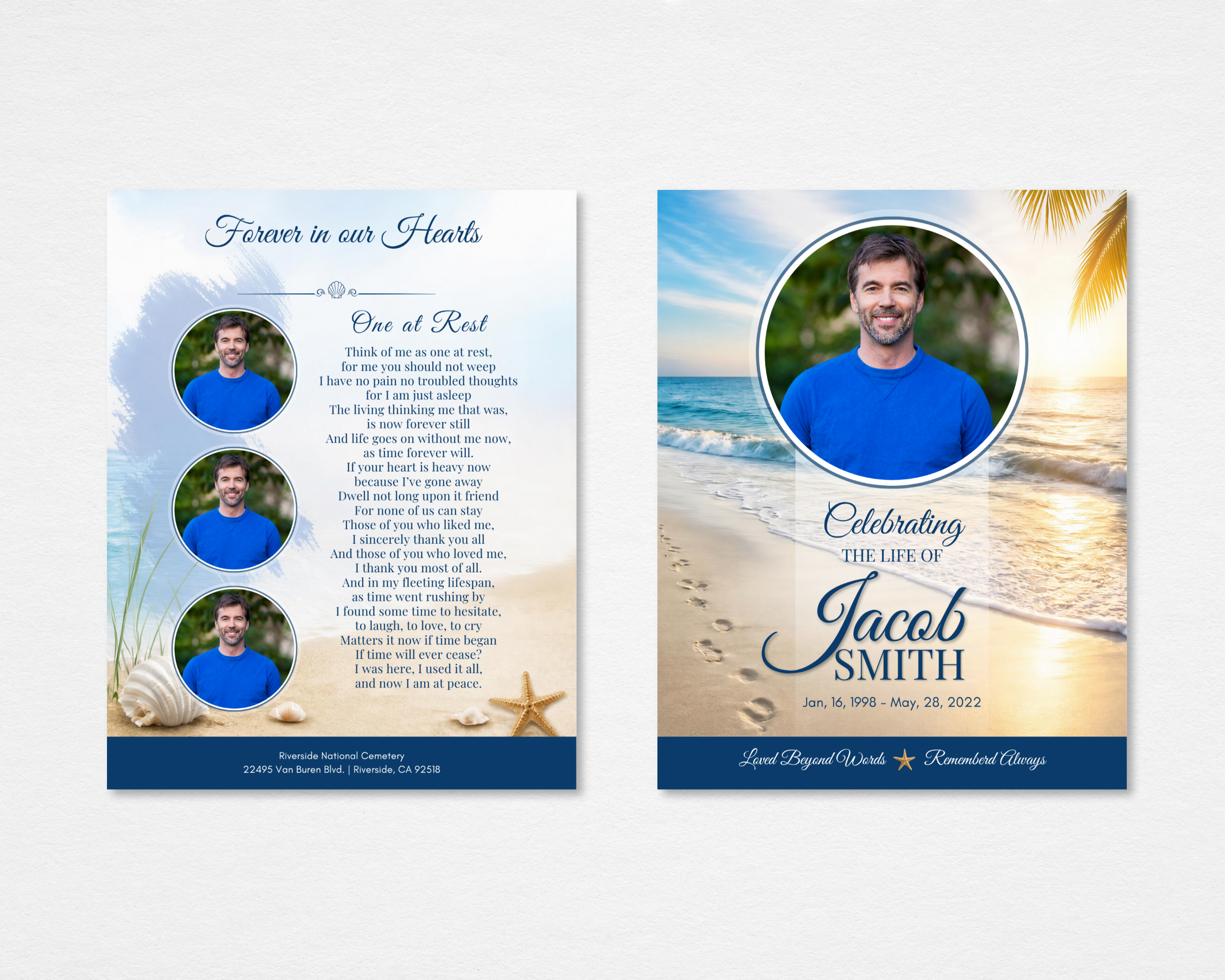 Peaceful Shore beach funeral program template — tabloid size showing front cover with coastal sunset, circular photo frame, and navy gold typography, plus back cover with three photo frames, One at Rest poem, and seashell accents