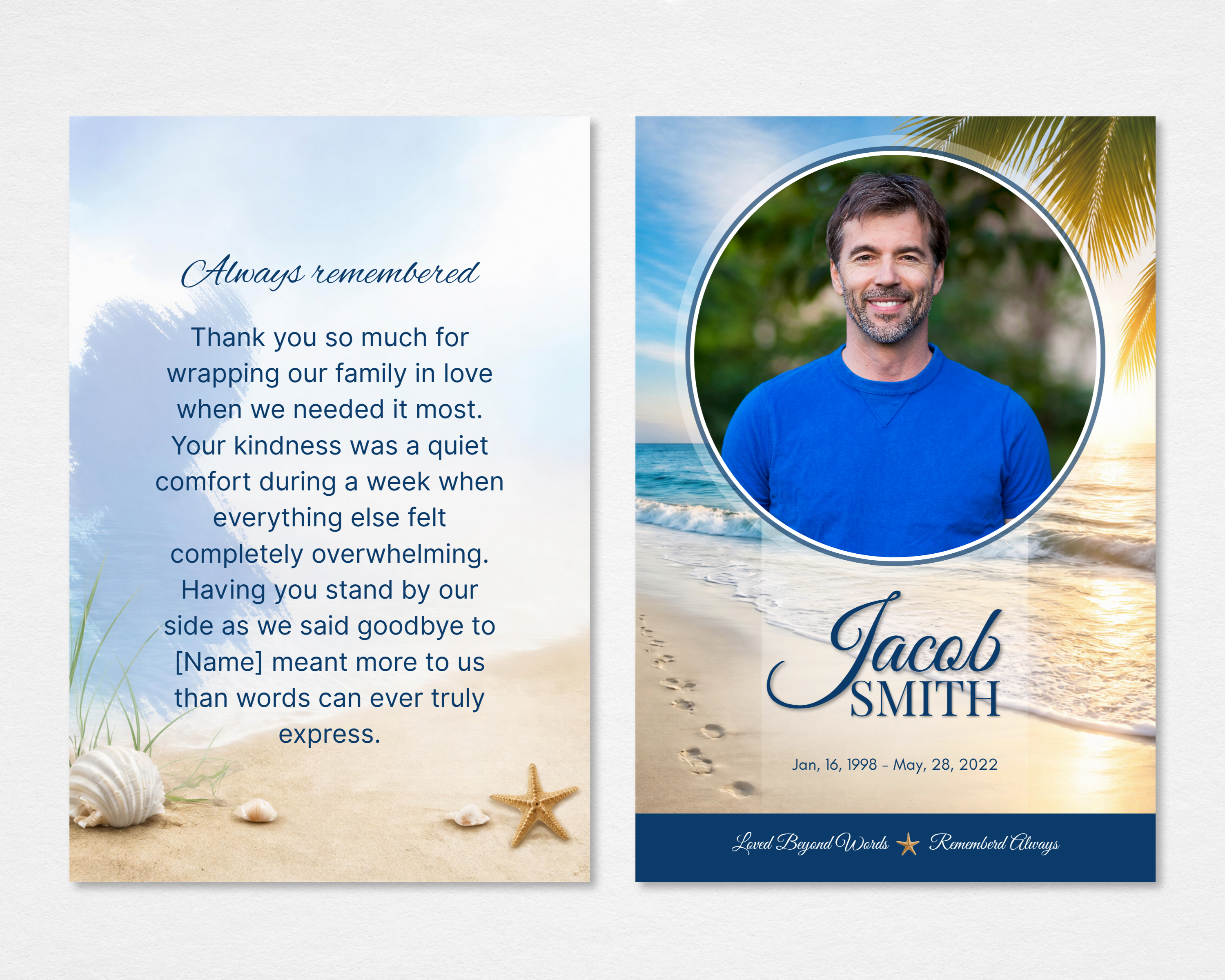 Peaceful Shore Memorial Thank You Card Template — coastal watercolor beach design with photo placeholder, name, and dates. Canva editable, instant download.
