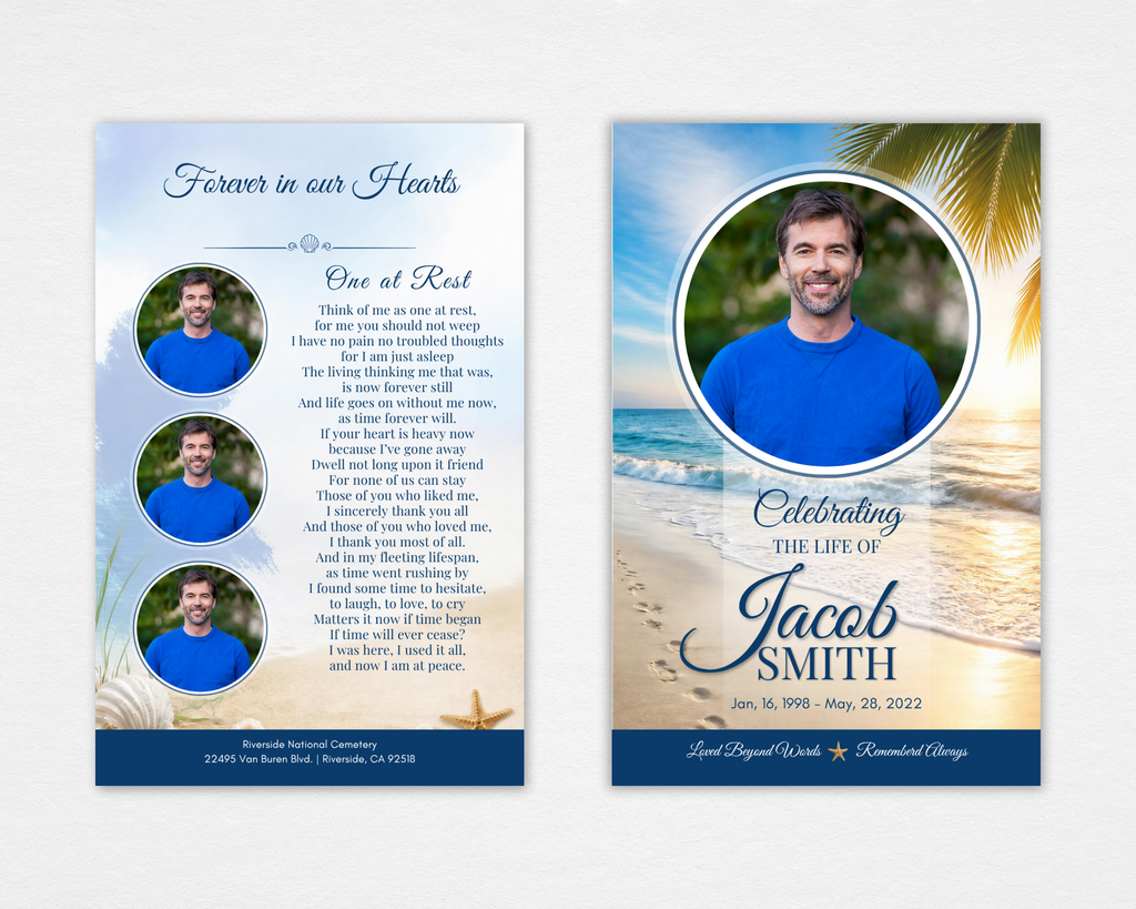 Peaceful Shore beach funeral program template — front and back covers with coastal sunset design, palm fronds, and navy script typography