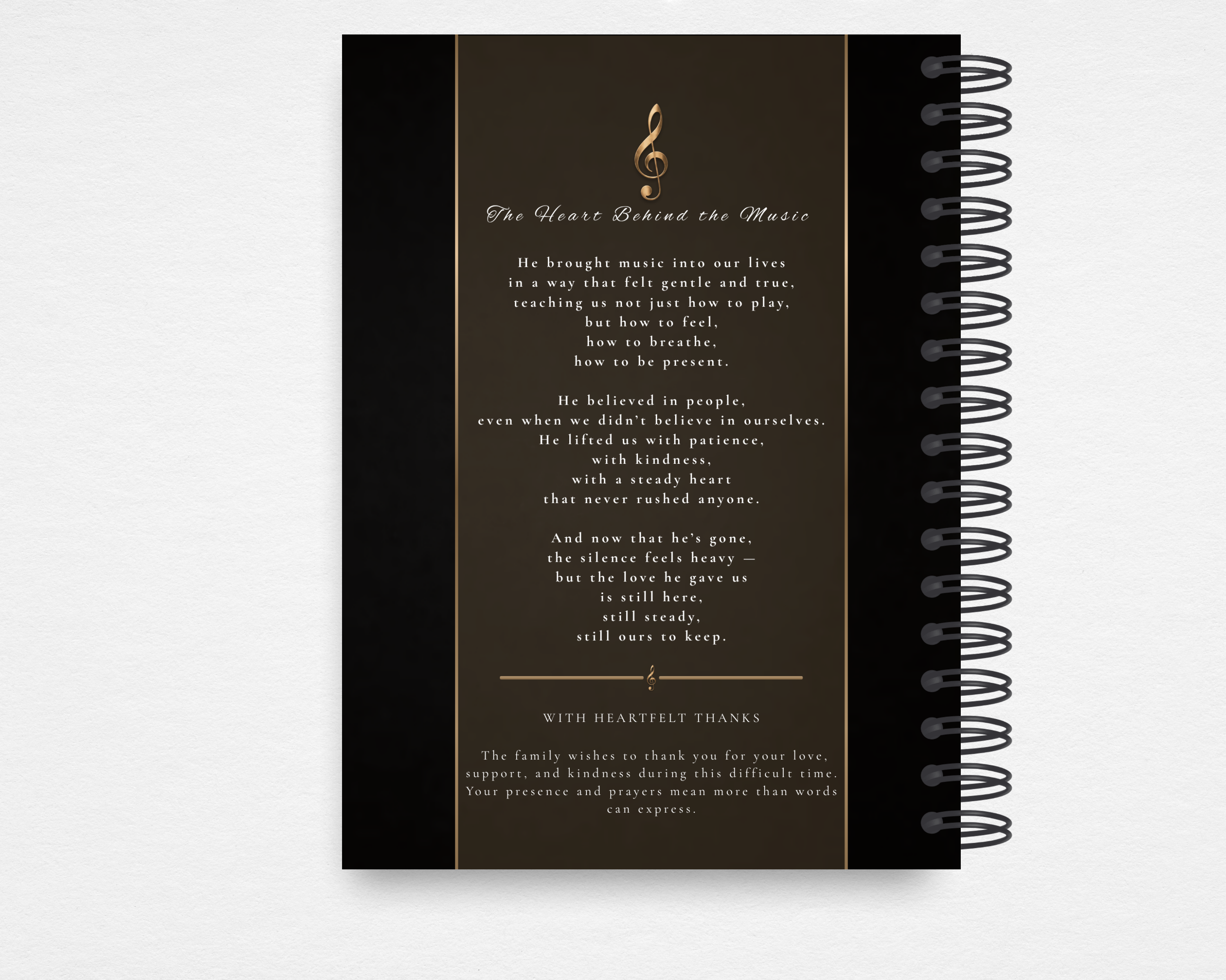 Golden Notes music memorial guest book template — back cover with gold treble clef, original poem "The Heart Behind the Music" and acknowledgment section on espresso brown background with black side panels