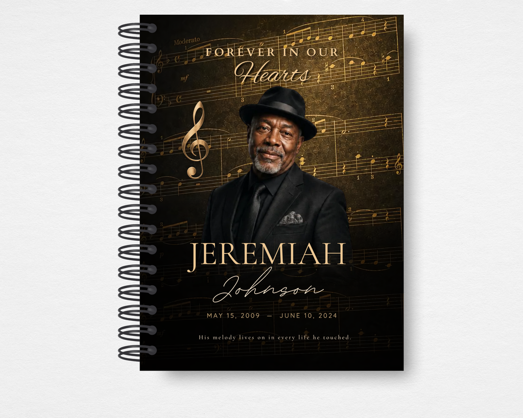 Golden Notes music memorial guest book template — front cover with espresso brown background, faded sheet music, gold treble clef, portrait photo placeholder, bold serif and gold script name typography, "Forever in Our Hearts" header