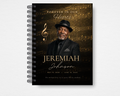 Golden Notes music memorial guest book template — front cover with espresso brown background, faded sheet music, gold treble clef, portrait photo placeholder, bold serif and gold script name typography, "Forever in Our Hearts" header