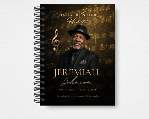 Golden Notes music memorial guest book template — front cover with espresso brown background, faded sheet music, gold treble clef, portrait photo placeholder, bold serif and gold script name typography, "Forever in Our Hearts" header