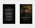 Golden Notes Memorial Prayer Card Template — black and gold music-themed design with treble clef, sheet music overlay, and 23rd Psalm on the back