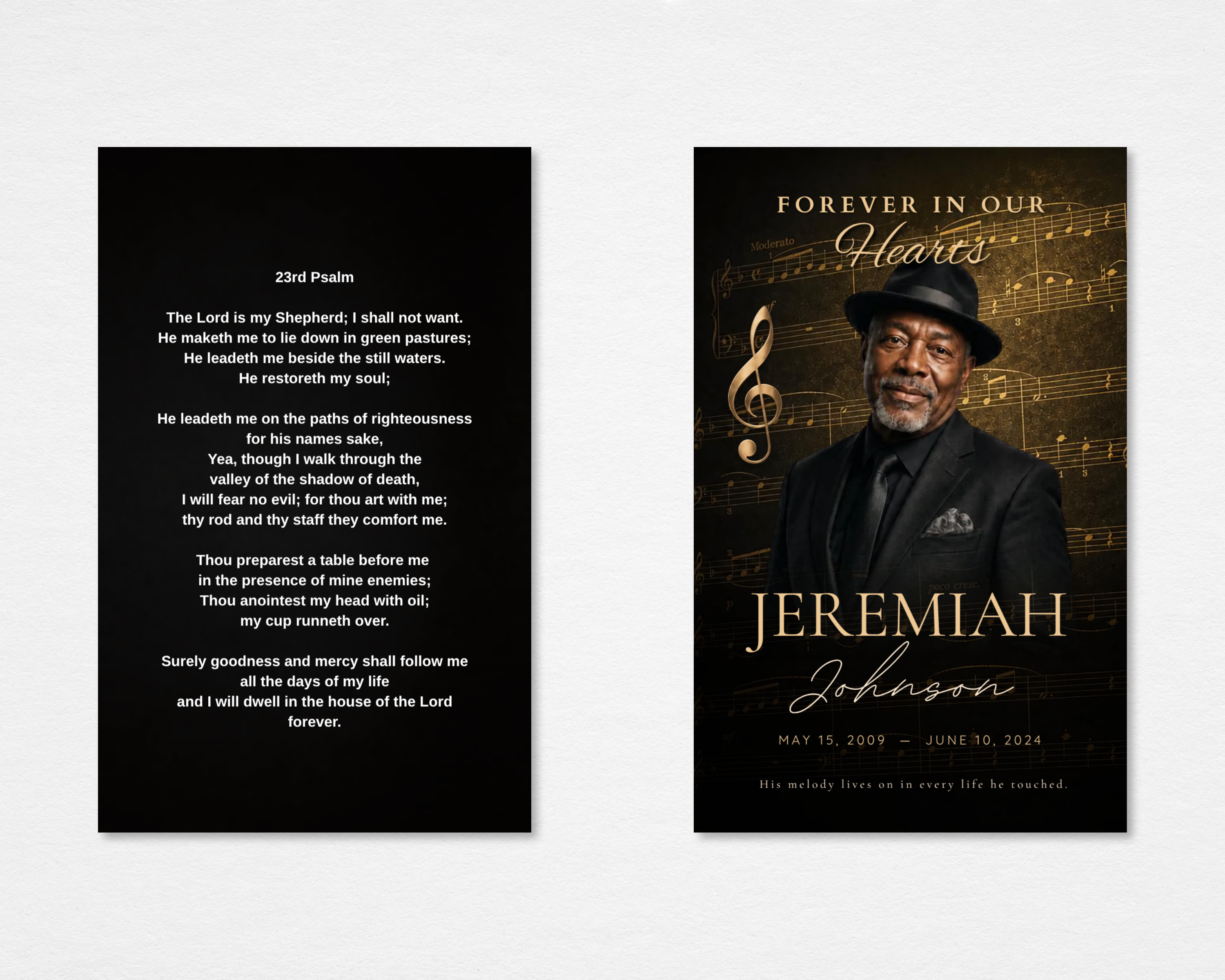 Golden Notes Memorial Prayer Card Template — black and gold music-themed design with treble clef, sheet music overlay, and 23rd Psalm on the back