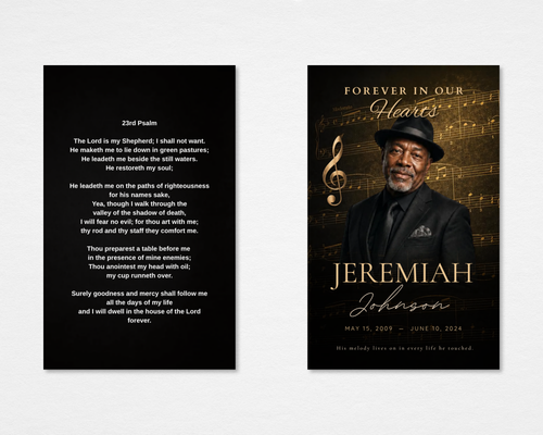 Golden Notes Memorial Prayer Card Template — black and gold music-themed design with treble clef, sheet music overlay, and 23rd Psalm on the back