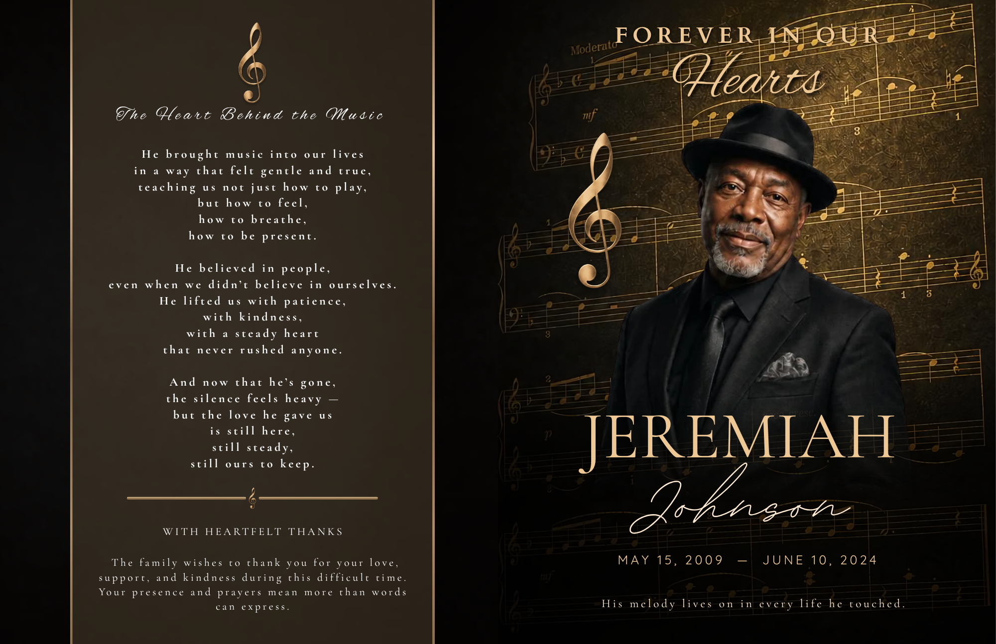 Golden Notes music funeral program template — espresso brown background with faded sheet music, gold treble clef, serif name typography in gold and white script, portrait photo placeholder on front cover