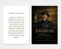 Golden Notes Memorial Thank You Card Template — black and gold music-themed front with treble clef and sheet music overlay, white back with Always Remembered script header and editable thank you message